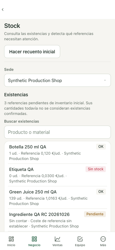 Pantalla real de Stock de Orena en entorno de prueba, con existencias y costes de referencias sintéticas